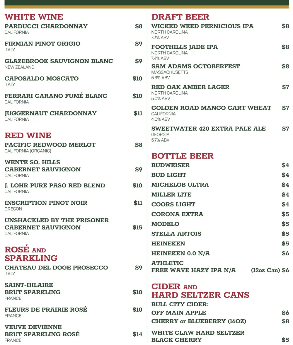 Clubhouse Drink Menu - Wine and Beer